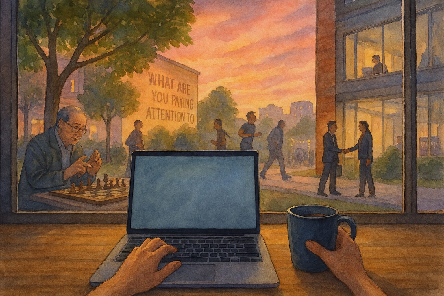 Digital painting of a person using a laptop with a cup of coffee, sunset in the background, created using ChatGPT by Violet Beacon.